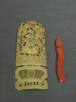 A carved stained ivory Oriental figure 3" and a pierced section of ivory decorated dragons 5"
