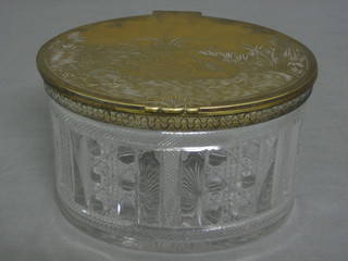 A fine quality oval cut glass biscuit barrel with plated lid decorated a swan 8"
