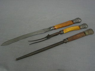 A Victorian 3 piece stag horn handled carving set comprising knife, fork and steel
