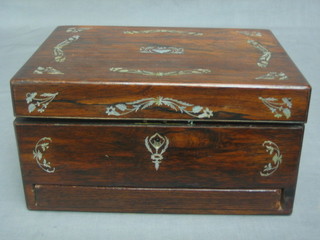 A Victorian rosewood inlaid mother of pearl trinket box with hinged lid, the base fitted a secret drawer 12"