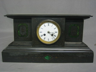 A 19th Century French 8 day striking mantel clock with enamelled dial and Roman numerals contained in a black marble architectural case