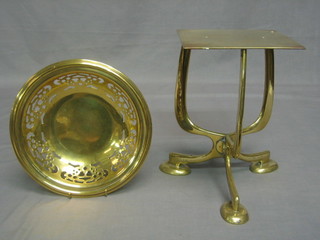 A square Art Nouveau trivet raised on a pierced stand 7" and a circular pierced brass dish 9"