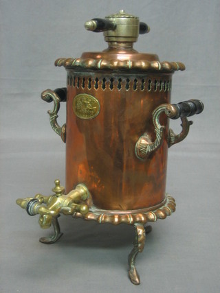 A curious 19th Century cylindrical copper tea urn raised on 3 cabriole supports marked Platows Patent