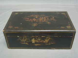 A 19th Century black lacquered writing slope with chinoiserie decoration 17"