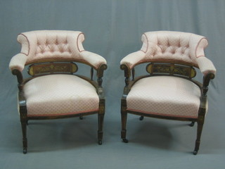 A Victorian 3 piece inlaid rosewood tub back salon suite comprising 2 seat settee and 2 tub back armchairs upholstered in pink buttoned material