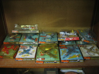 15 Dinky model aircraft numbered - 715, 728, 734, 731, 726 x2, 736, 724, 712, 725, 718, 732, 739, 730, 710 x2
