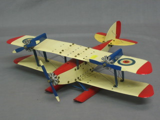A Meccano model of a Royal Air Force twin seat, 3 engined sea bi-plane 18"