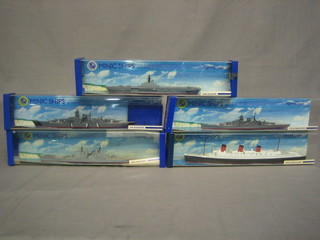 5 Minic model ships - HMS Bulwark, HMS Vanguard, KMS Bismarck, KMS Scharnhorst and RMS Queen Mary