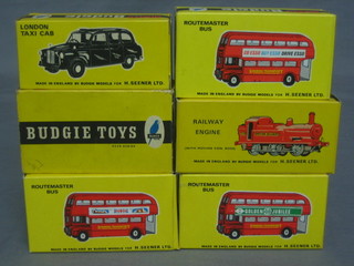 A Budgie model of a London Taxi no. 101, a Budgie railway engine 224 and 4 Budgie Route Master buses  236, all boxed