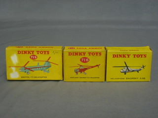 A Dinky model of a  Sikorsky S58 helicopter, ditto 60D, a Westland Sikorsky helicopter no. 716 and a Bristol 173 helicopter no.715