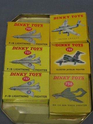 3 Dinky models of a P.IB Lightning Fighter no. 737, a Gloster Javelin Fighter no. 737, a De Havilland 110 Sea Vixen no. 738 and a Vautour S.N.C.A.S.O no. 60B, all boxed