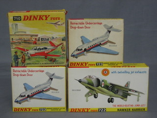 A Dinky  model of a Beechcraft S55 no. 710, a Dinky model of a Hawker Harrier no. 722 and 2 Dinky models of Hawker Siddley H.S 125 Executive jets, boxed