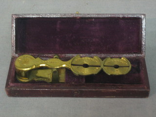 A brass sovereign balance marked H Hayams 22 Cornhill, contained in a leather carrying case