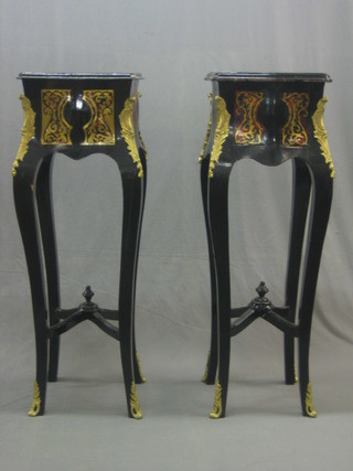 A  large pair of square red Boulle jardiniere stands with gilt metal mounts, raised on cabriole supports 17"