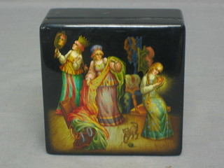 A 20th Century Russian lacquered trinket box  with fairy tale scene to lid 4"