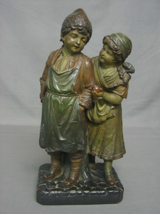 A handsome 19th Century terracotta figure of a standing boy and girl, base marked FR? (some light chips to base) 18"