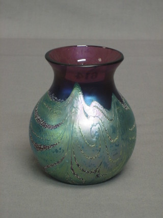 An Okra purple and silver opaque globular shaped Art Glass vase by Merlins Webb, 5"