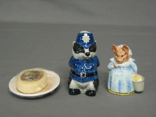 A Beswick Beatrix Potter figure - Aunt Pettitoes, a Woodland collection character jug - PC Brock 4" and an oval soap dish and soap decorated Tales of Beatrix Potter