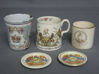 A Victorian 1897 enamelled Jubilee beaker, an 1897 Jubilee mug, an Edward VII Coronation mug decorated The Arms of Hove and 2 George VI circular Coronation coasters