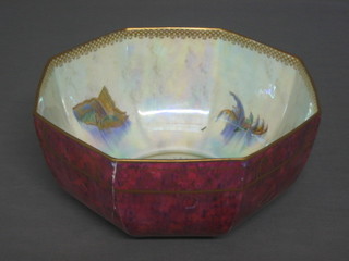 A Wedgwood octagonal pink lustre bowl, the interior decorated butterflies, the base with Horton vase mark 9" and number Z4827 (f and r)