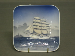A square Royal Copenhagen ashtray decorated a 3 masted ship, the reverse marked Skoleskibet Denmark (slight chip to rim)