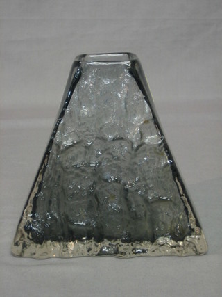 A Whitefriars triangular shaped black smoked glass vase 7"