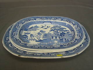 A 19th Century blue and white Staffordshire ironstone meat plate 18" together with 2 others 16"