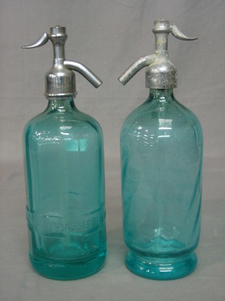 2 French green glass soda siphons