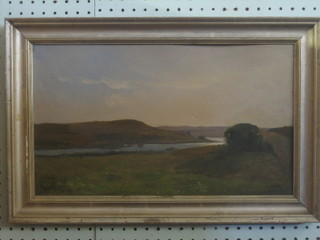 Oil painting on board "Moorland Scene with River" monogrammed W L, 10" x 17"