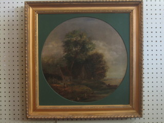 S Watts, oil on canvas "Rural Scene with River Cottage" 14" circular