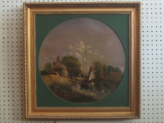 S Watts, oil on canvas "Study of a Barge with Cottage" 14" circular