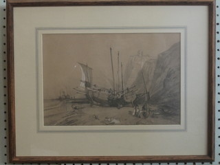 19th Century pencil drawing "Beached Fishing Boats by Cliffs" 8" x 11 1/2" indistinctly signed