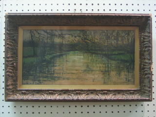 H Brocklesby, oil painting on board, impressionist scene "River with Trees" 6 1/2" x 13"