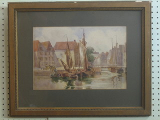 Watercolour drawing "Continental Harbour Scene with Canal, Fishing Boats and Figures" 8 1/2" x 12 1/2"