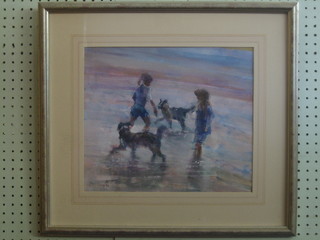 20th Century gouache drawing "Children Playing" indistinctly signed and dated '96 11" x 14"