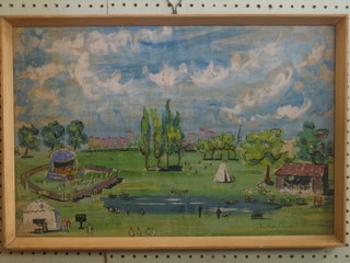 John Paddy Carstairs, (film director and screen writer) 1950's oil on canvas "Park Scene with Figures Playing Cricket, Bandstand and Boating Lake etc" 13" x 21"