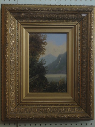Victorian oil painting on board "River Scene with Mountains and Foliage" 8" x 5 1/2" indistinctly signed