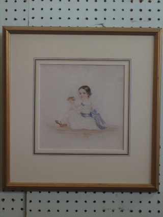A Victorian watercolour drawing "Seated Girl with Noah's Ark" 7" x 7"