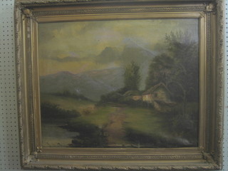 19th Century oil on canvas "Mountain Scene with Lake and Cottage" 20" x 25"
