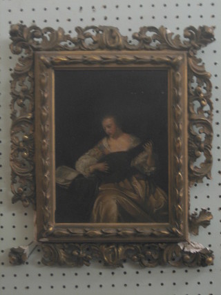 An 18th/19th Century oil painting on board "Lady Playing a Mandolin" 9" x 7"