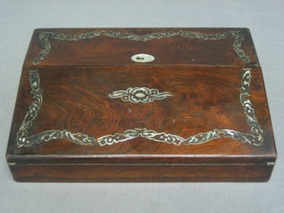 A Victorian rosewood writing slope inlaid mother of pearl with hinged lid (interior missing) 14"