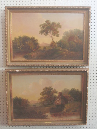C Morris, a pair of 18th Century oil paintings on canvas "Cottage by a Lane with Hills in Distance" 11" x 17"