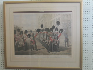 Victorian coloured print "Parade of the Scots Fusileer Guards at Buckingham Palace" 15" x 19"