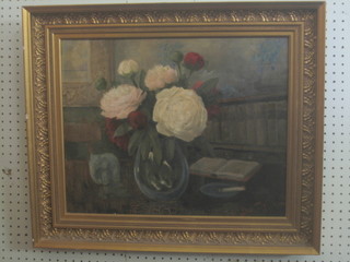 B Kulor? oil on canvas, still life study "Bowl and Vase of Flowers" 15" x 19"