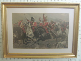 A coloured print "The Royal Scotts Grays Charging" 19" x 29 1/2"