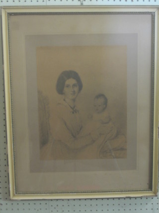 A Victorian monochrome print "Seated Mother and Child" 14" x 11"