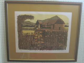 Robert Tavener, limited edition lithograph 17/75 "Tythed Barn and Fence" 17" x 24"