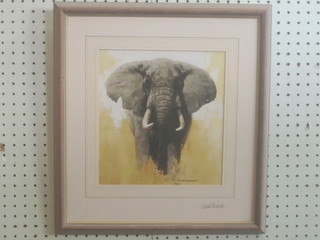 After David Shepherd, a signed coloured print "Standing Elephant" 10" x 9" 