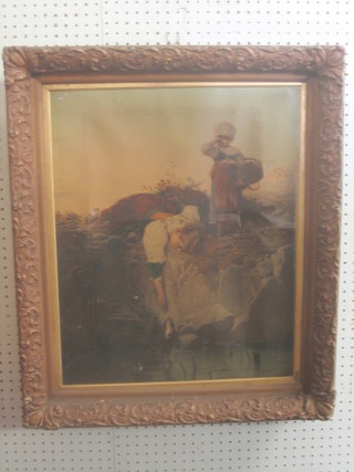 A Victorian oleograph "Study of Children Rescuing a Puppy" 22" x 17"