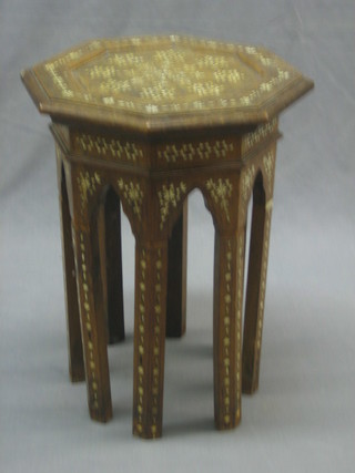 An octagonal Eastern hardwood inlaid occasional table, inlaid ivory 15"
